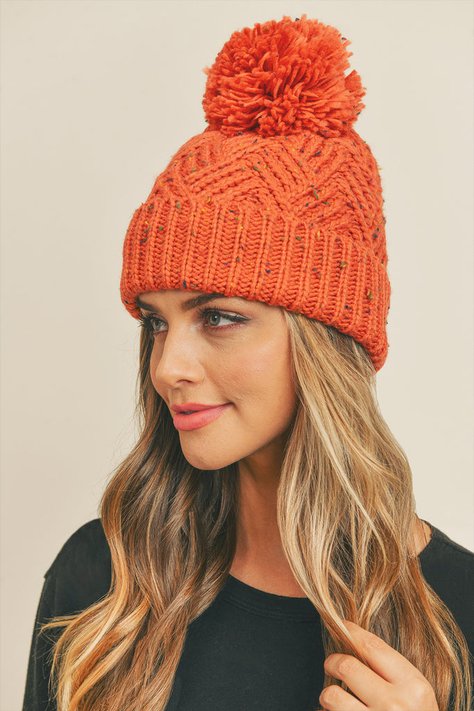 CONFETTI DIAGONAL STRIPES POMPOM KNIT BEANIE