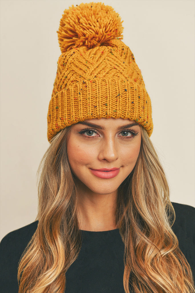 CONFETTI DIAGONAL STRIPES POMPOM KNIT BEANIE