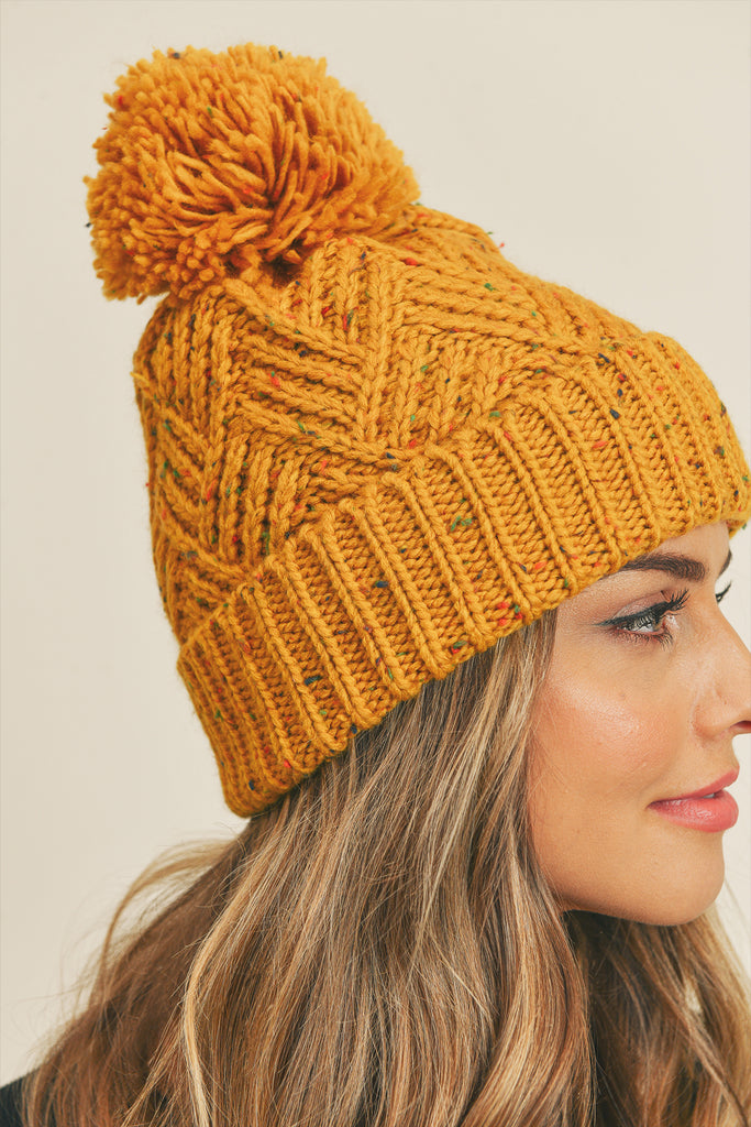 CONFETTI DIAGONAL STRIPES POMPOM KNIT BEANIE