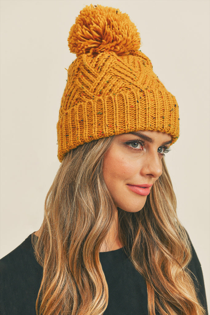 CONFETTI DIAGONAL STRIPES POMPOM KNIT BEANIE