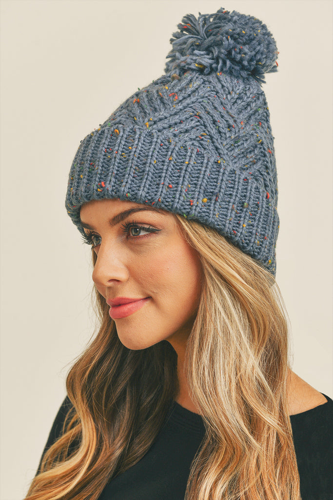 CONFETTI DIAGONAL STRIPES POMPOM KNIT BEANIE