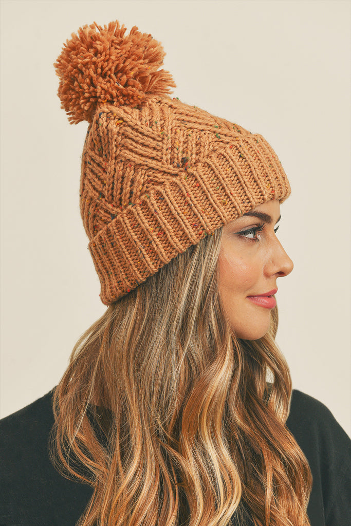 CONFETTI DIAGONAL STRIPES POMPOM KNIT BEANIE