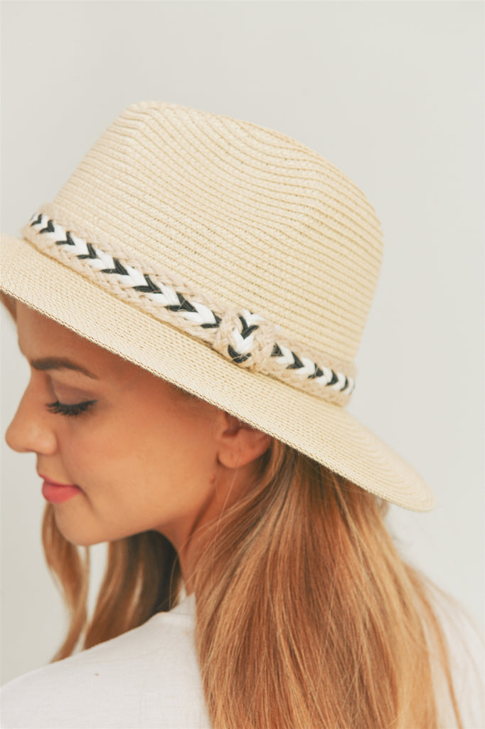 BLACK AND WHITE BRAIDED JUTE BAND PANAMA HAT