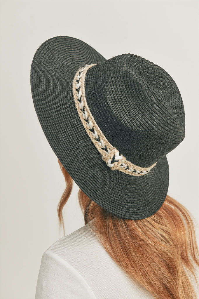 BLACK AND WHITE BRAIDED JUTE BAND PANAMA HAT