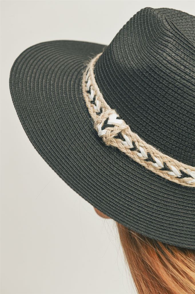 BLACK AND WHITE BRAIDED JUTE BAND PANAMA HAT