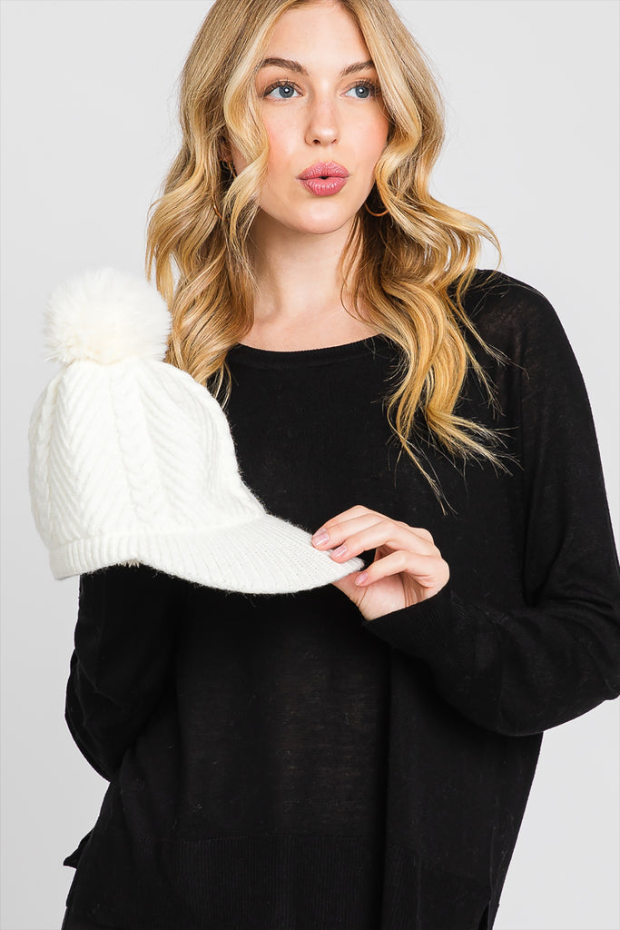 CHEVRON PATTERN POMPOM KNIT CAP