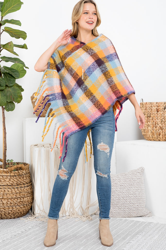 MS0187 - MULTICOLOR PLAID FRINGE PONCHO