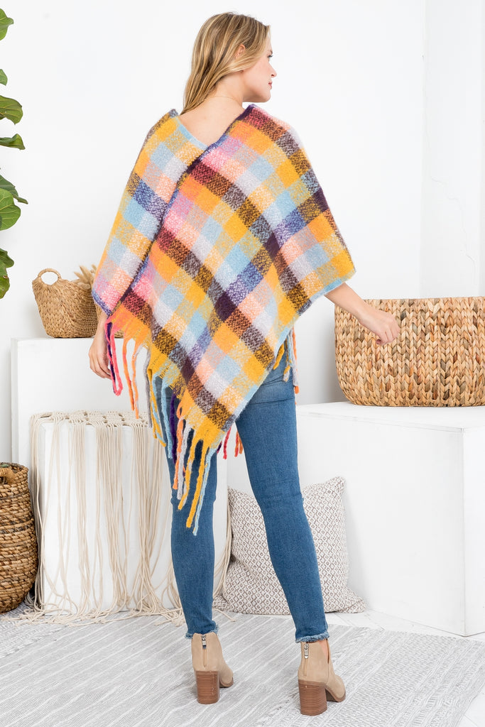 MS0187 - MULTICOLOR PLAID FRINGE PONCHO