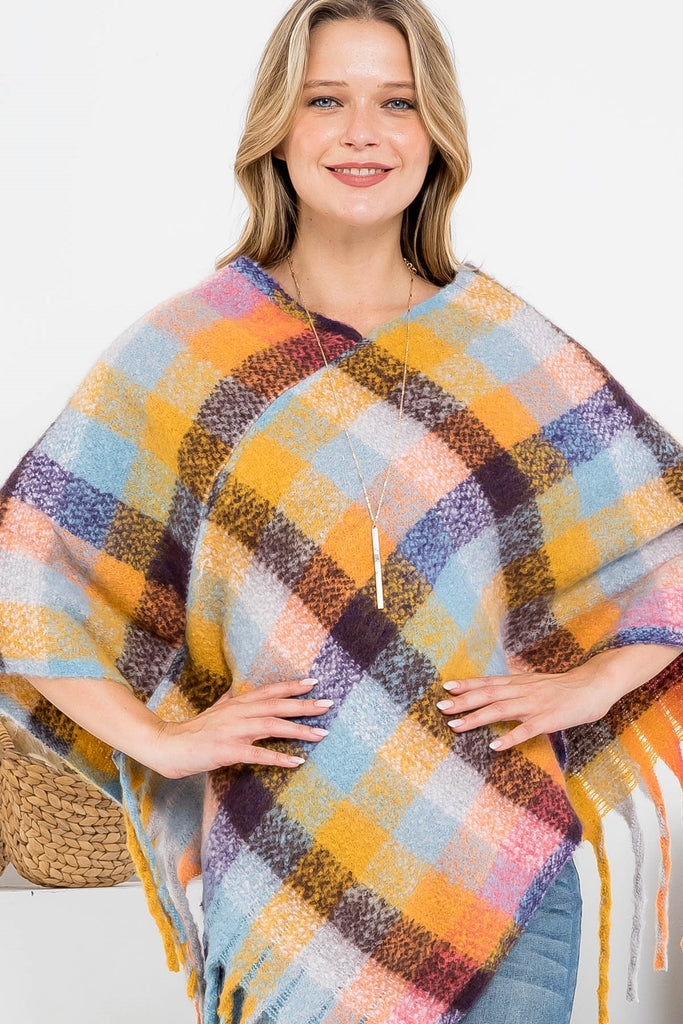 MS0187 - MULTICOLOR PLAID FRINGE PONCHO