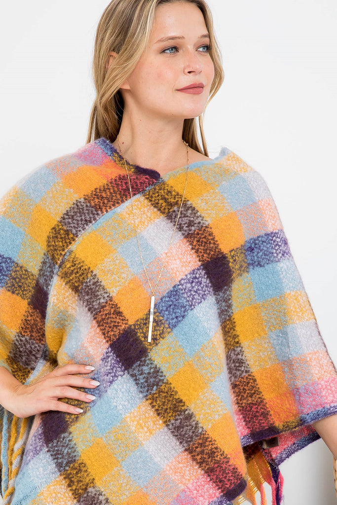 MS0187 - MULTICOLOR PLAID FRINGE PONCHO