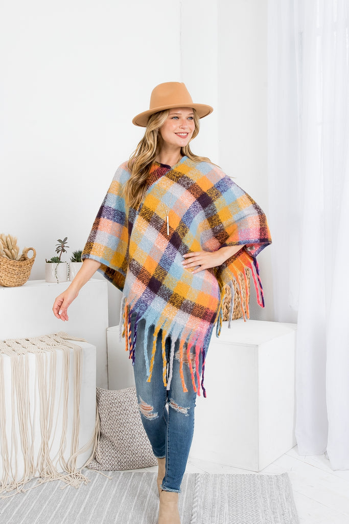 MS0187 - MULTICOLOR PLAID FRINGE PONCHO