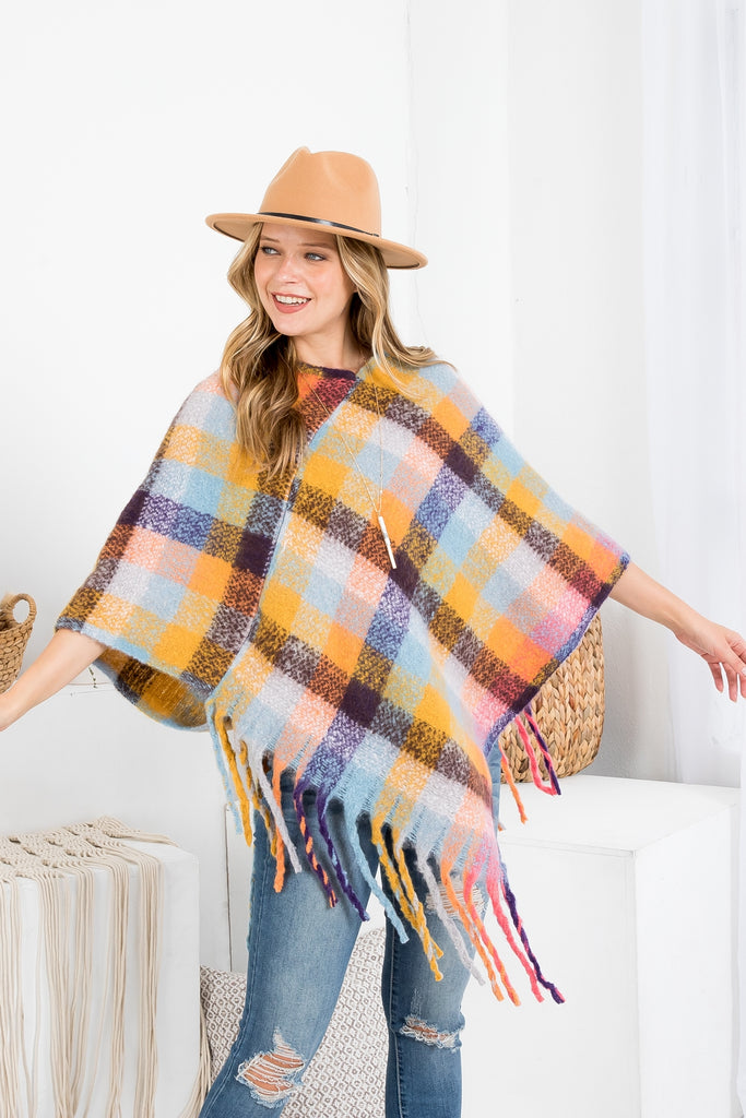 MS0187 - MULTICOLOR PLAID FRINGE PONCHO