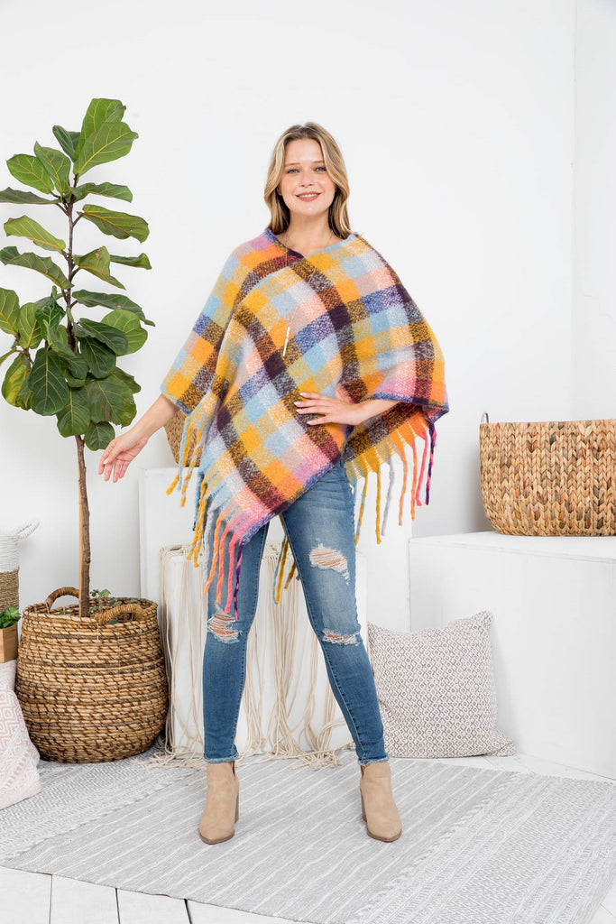 MS0187 - MULTICOLOR PLAID FRINGE PONCHO