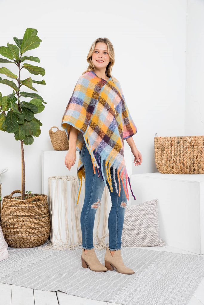 MS0187 - MULTICOLOR PLAID FRINGE PONCHO