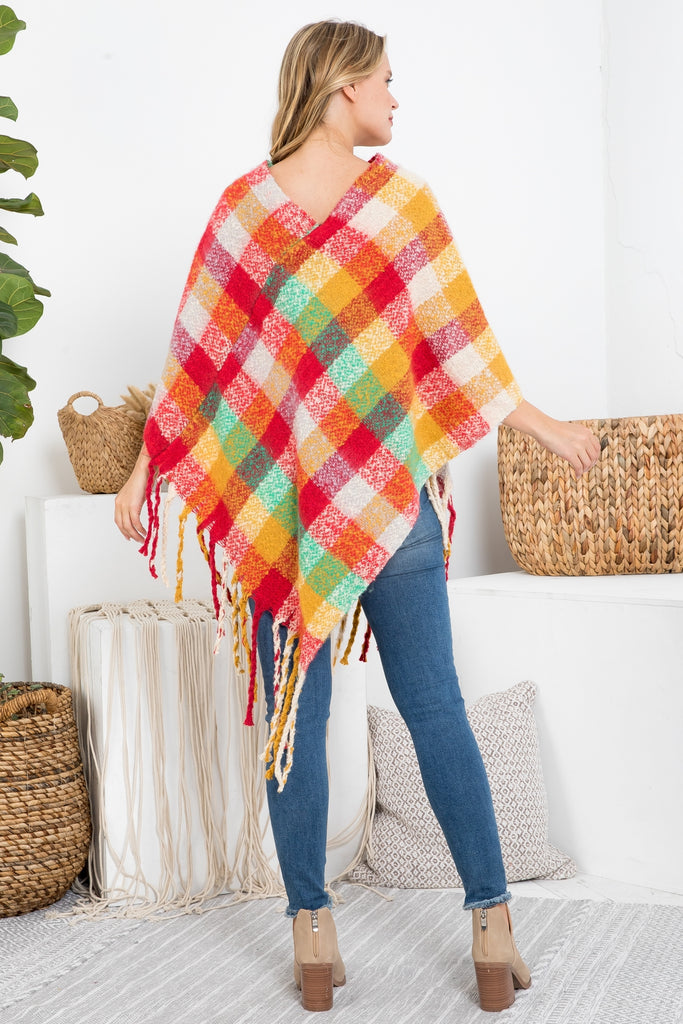 MS0187 - MULTICOLOR PLAID FRINGE PONCHO