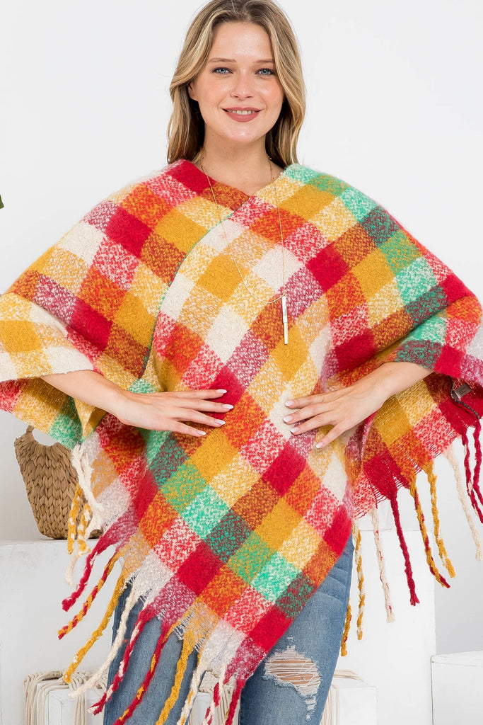 MS0187 - MULTICOLOR PLAID FRINGE PONCHO