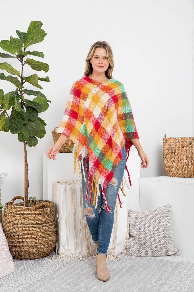 MS0187 - MULTICOLOR PLAID FRINGE PONCHO