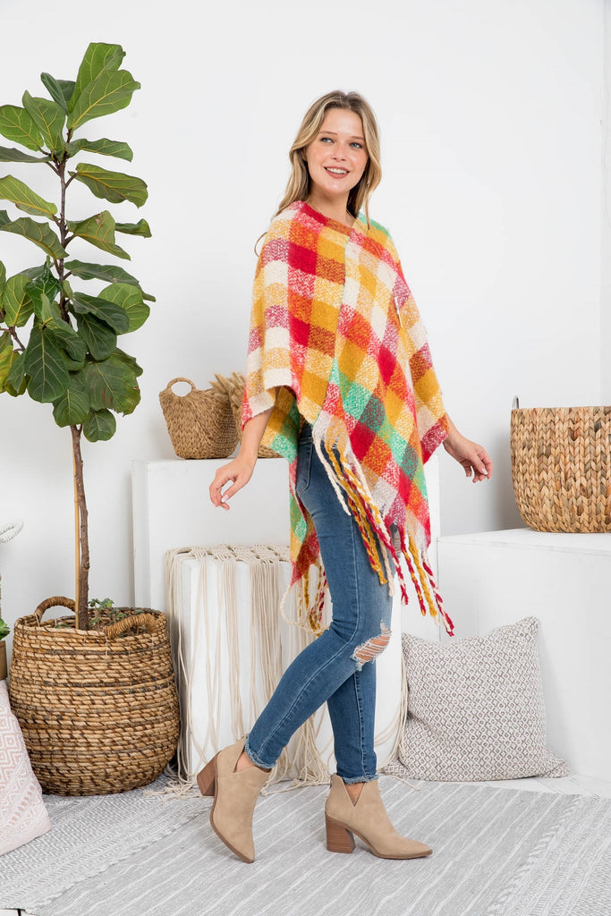 MS0187 - MULTICOLOR PLAID FRINGE PONCHO