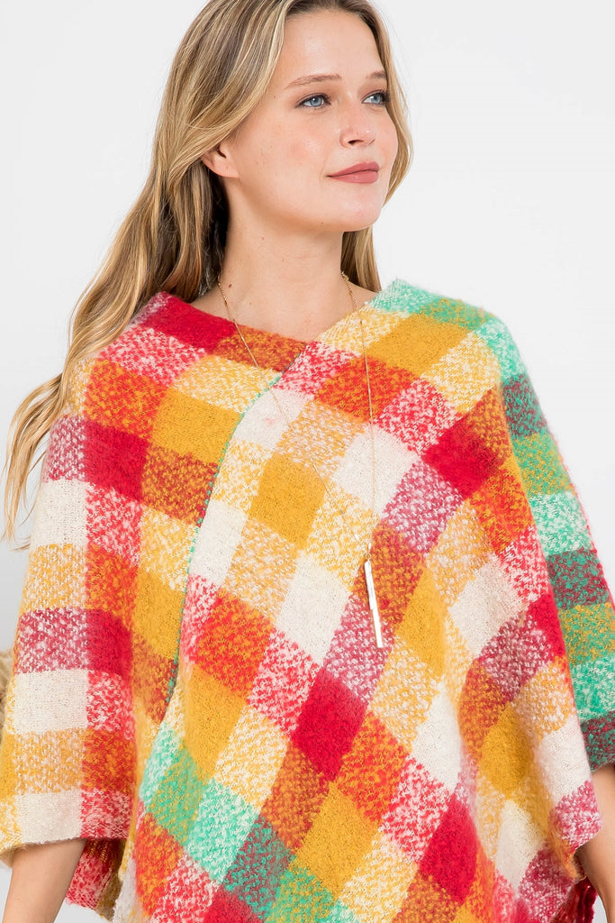 MS0187 - MULTICOLOR PLAID FRINGE PONCHO