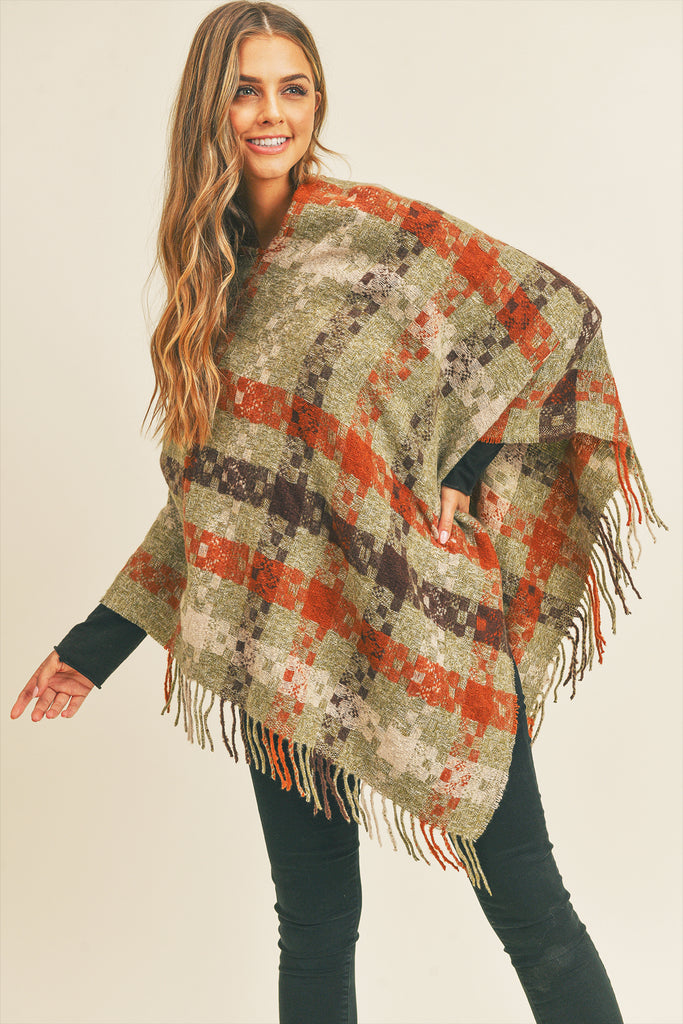 MULTI COLOR PIXEL CHECK PONCHO