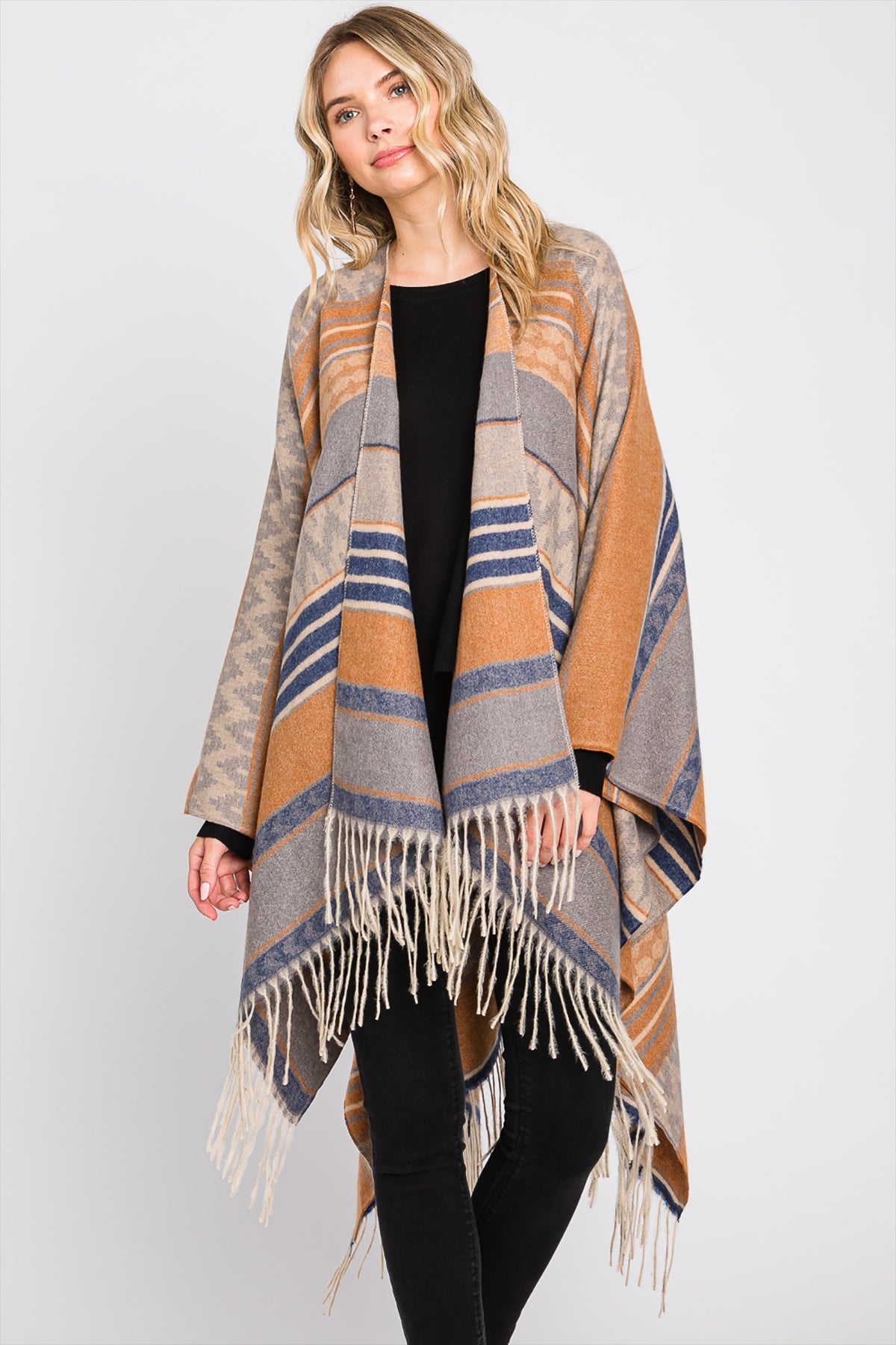 AZTEC PATTERN FRINGE RUANA – Riah Fashion