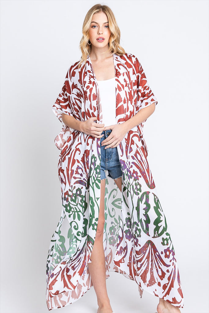 DAMASK PRINT OPEN FRONT LONG KIMONO