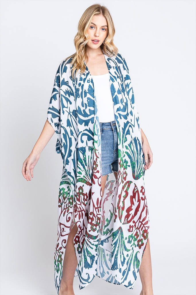 DAMASK PRINT OPEN FRONT LONG KIMONO