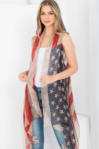 HDF2219 - RED STRIPED STARS OPEN FRONT SCARF CARDIGAN