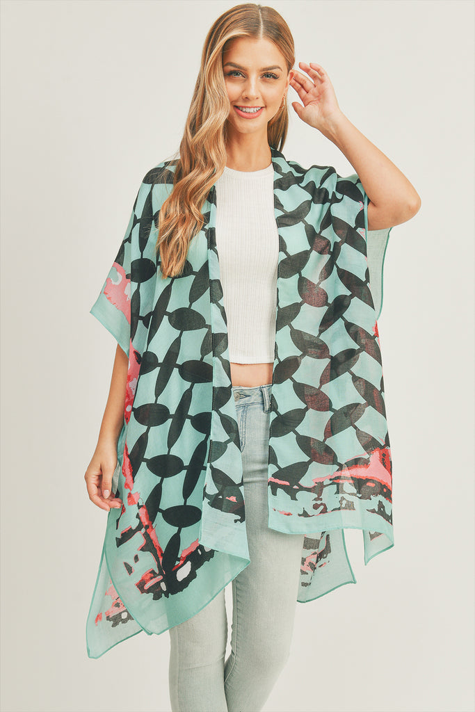 OMBRE FRONT AND GEOMETRIC BACK PRINT KIMONO