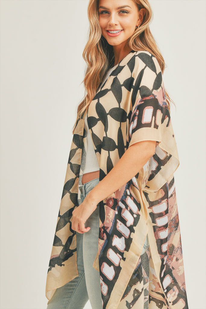 OMBRE FRONT AND GEOMETRIC BACK PRINT KIMONO