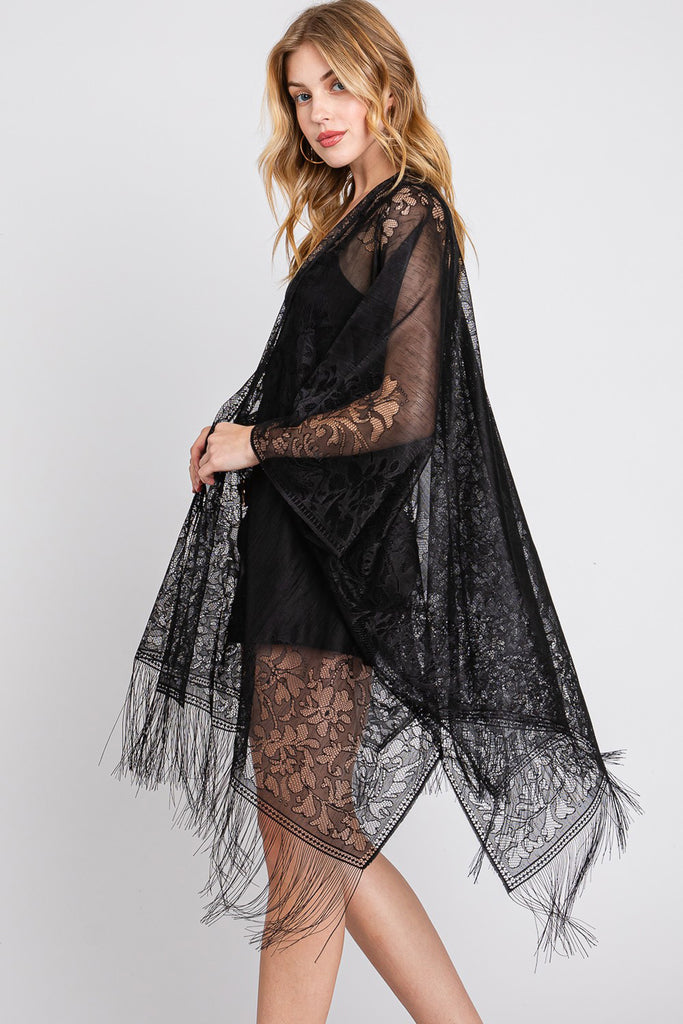 FLORAL LACE KIMONO WITH TASSEL