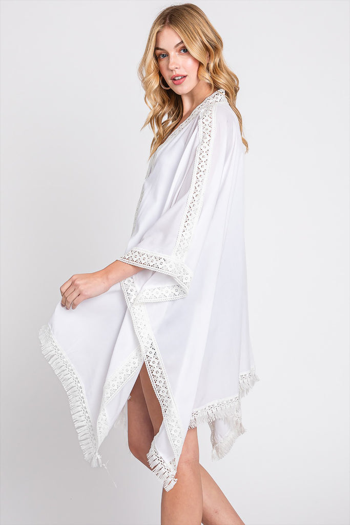 AZTEC LACE TRIM DETAIL PONCHO WITH TASSEL