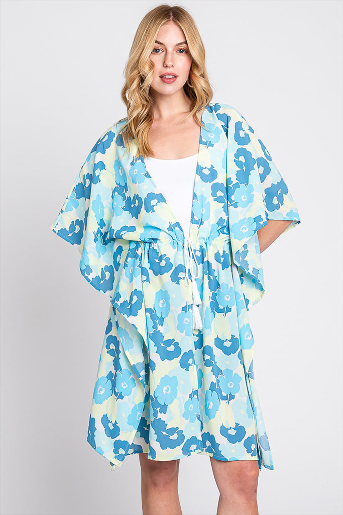 FLOWER PRINT SELF-TIE DRAWSTRING OPEN FRONT COVER-UP