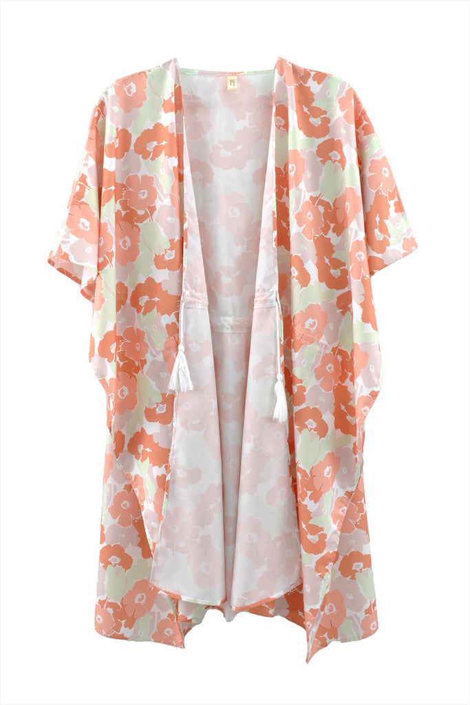 FLOWER PRINT SELF-TIE DRAWSTRING OPEN FRONT COVER-UP