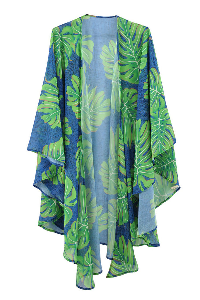 TROPICAL LEAVES PRINT SHAWL COVER-UP