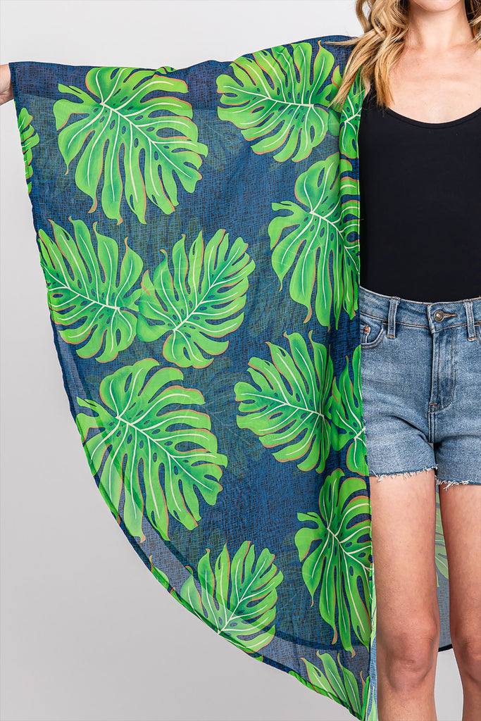 TROPICAL LEAVES PRINT SHAWL COVER-UP