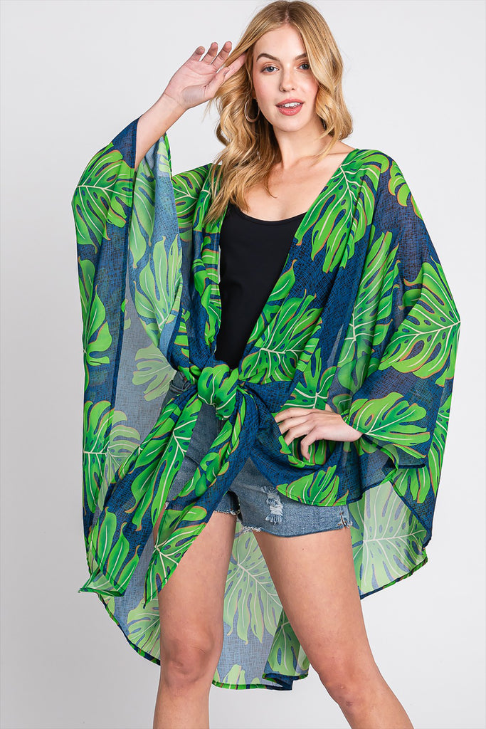 TROPICAL LEAVES PRINT SHAWL COVER-UP