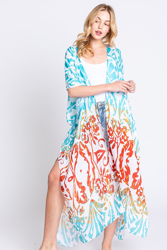 DAMASK PRINT OPEN FRONT LONG KIMONO