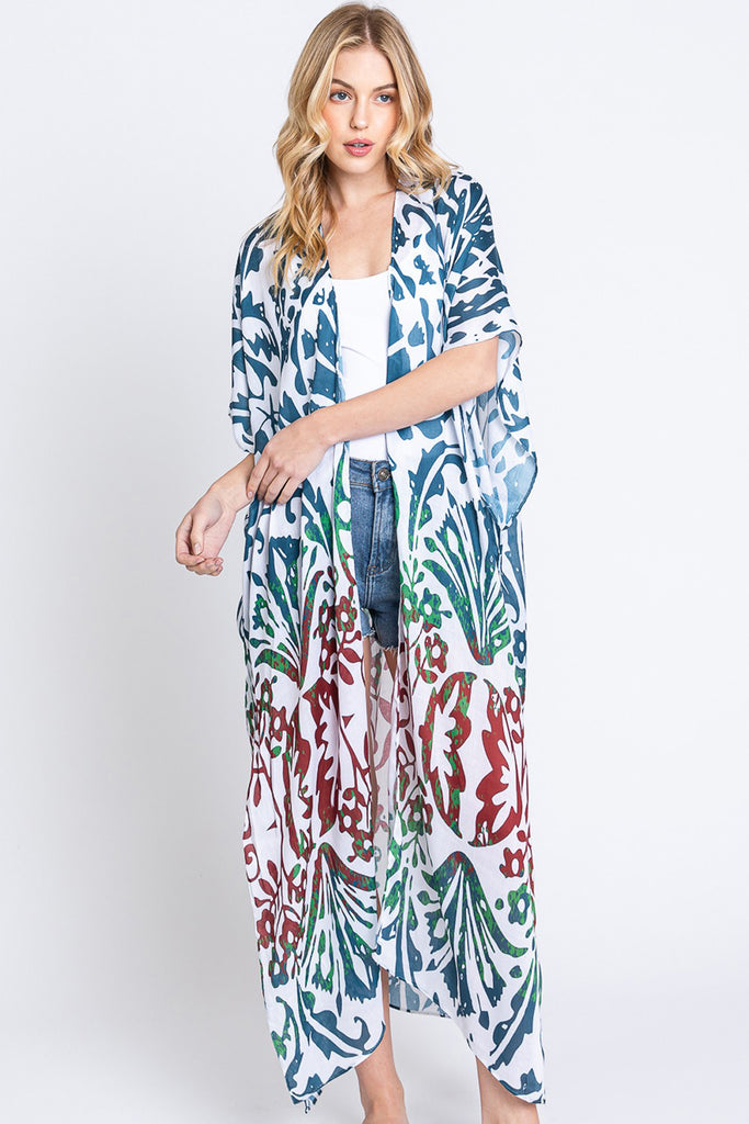 DAMASK PRINT OPEN FRONT LONG KIMONO