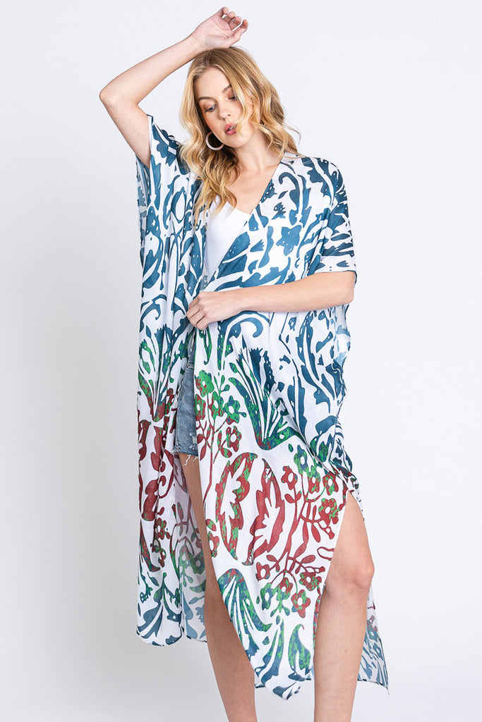 DAMASK PRINT OPEN FRONT LONG KIMONO