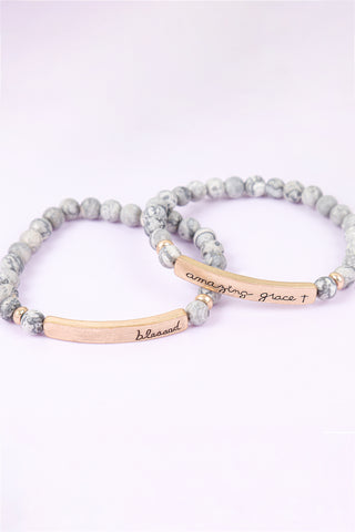 QB2147 - "FAITH" METAL BLOCK NATURAL STONE STRETCH BRACELET