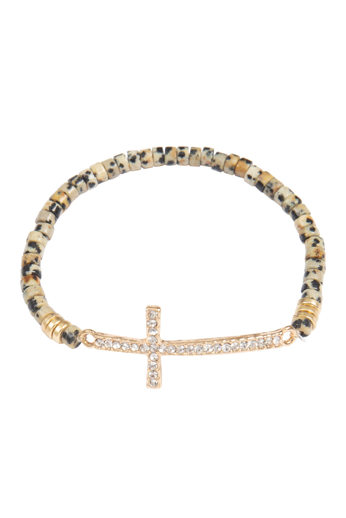 CROSS RHINESTONE WITH NATURAL STONE BEADS STRETCH BRACELET