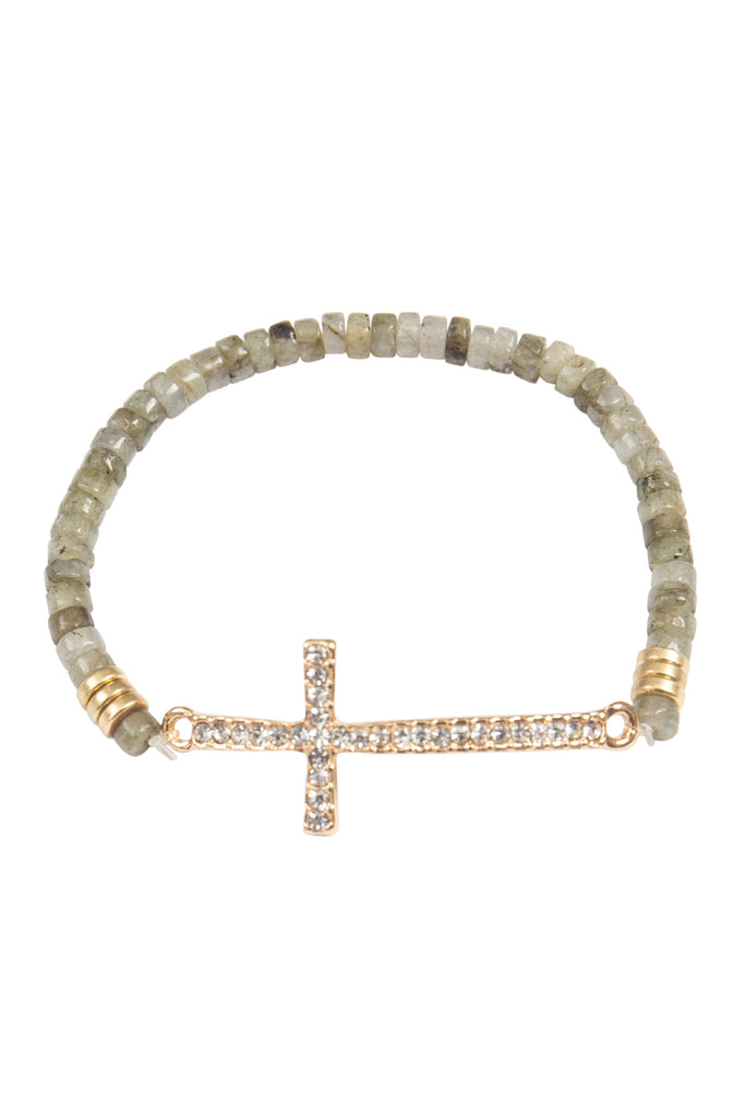 CROSS RHINESTONE WITH NATURAL STONE BEADS STRETCH BRACELET