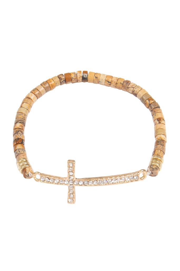 CROSS RHINESTONE WITH NATURAL STONE BEADS STRETCH BRACELET