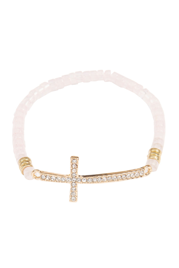 CROSS RHINESTONE WITH NATURAL STONE BEADS STRETCH BRACELET