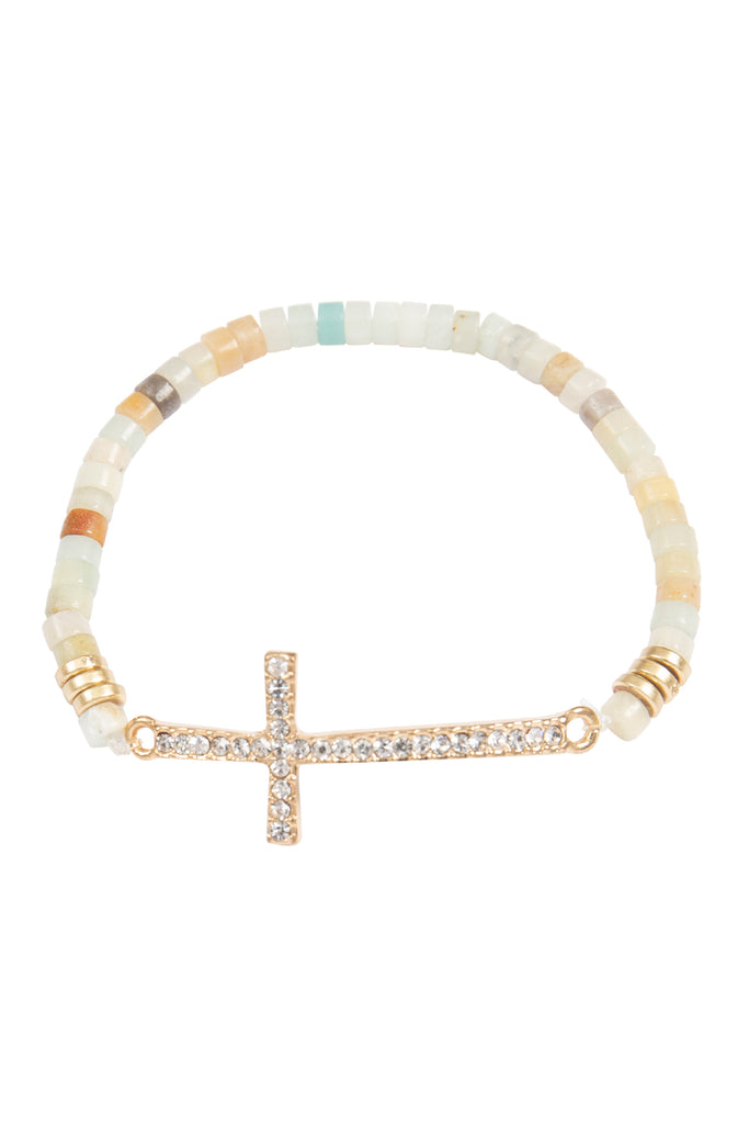 CROSS RHINESTONE WITH NATURAL STONE BEADS STRETCH BRACELET