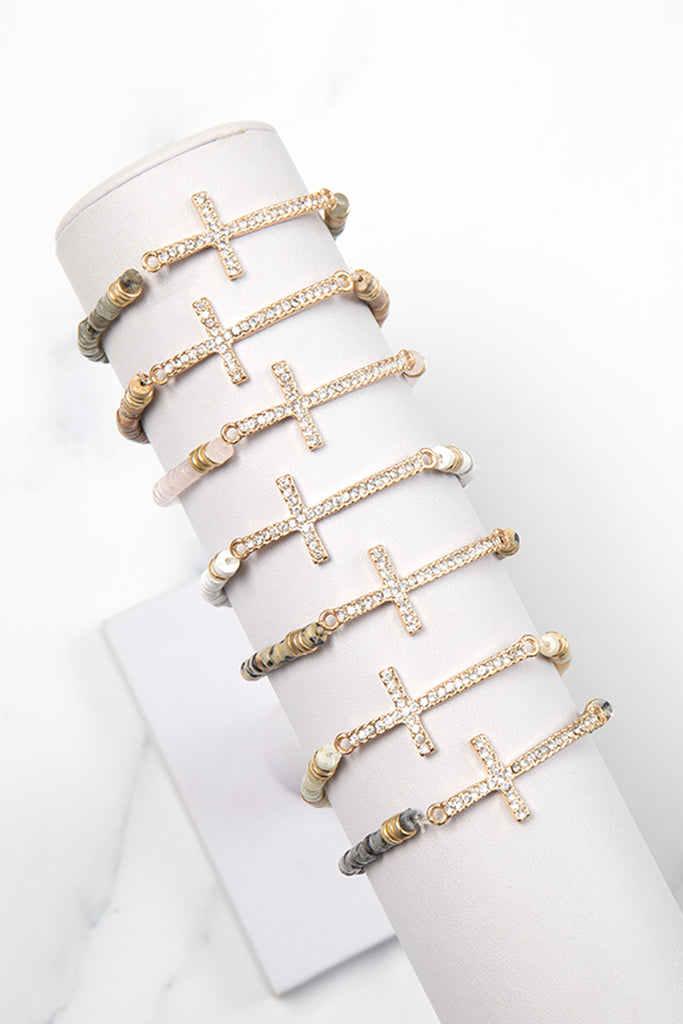 CROSS RHINESTONE WITH NATURAL STONE BEADS STRETCH BRACELET