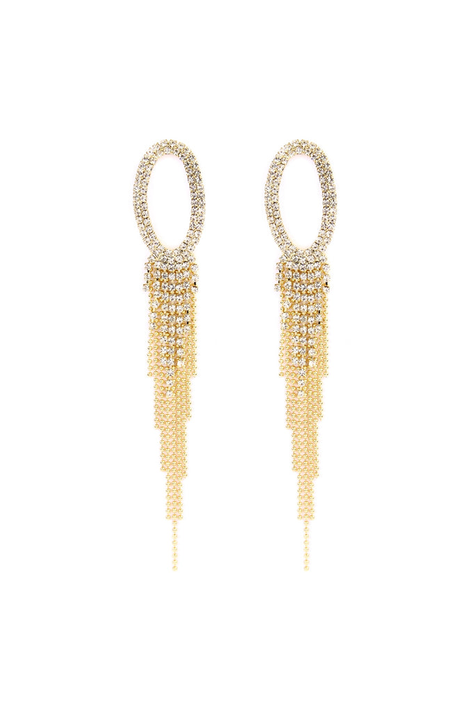 OVAL RHINESTONE TASSEL DROP EARRINGS