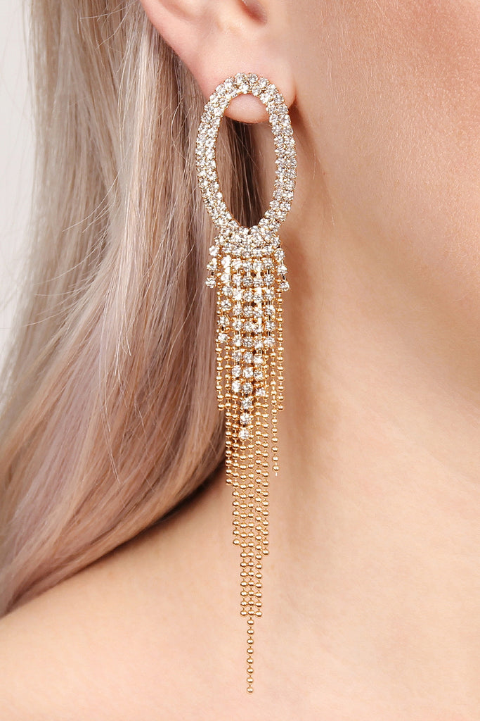 OVAL RHINESTONE TASSEL DROP EARRINGS