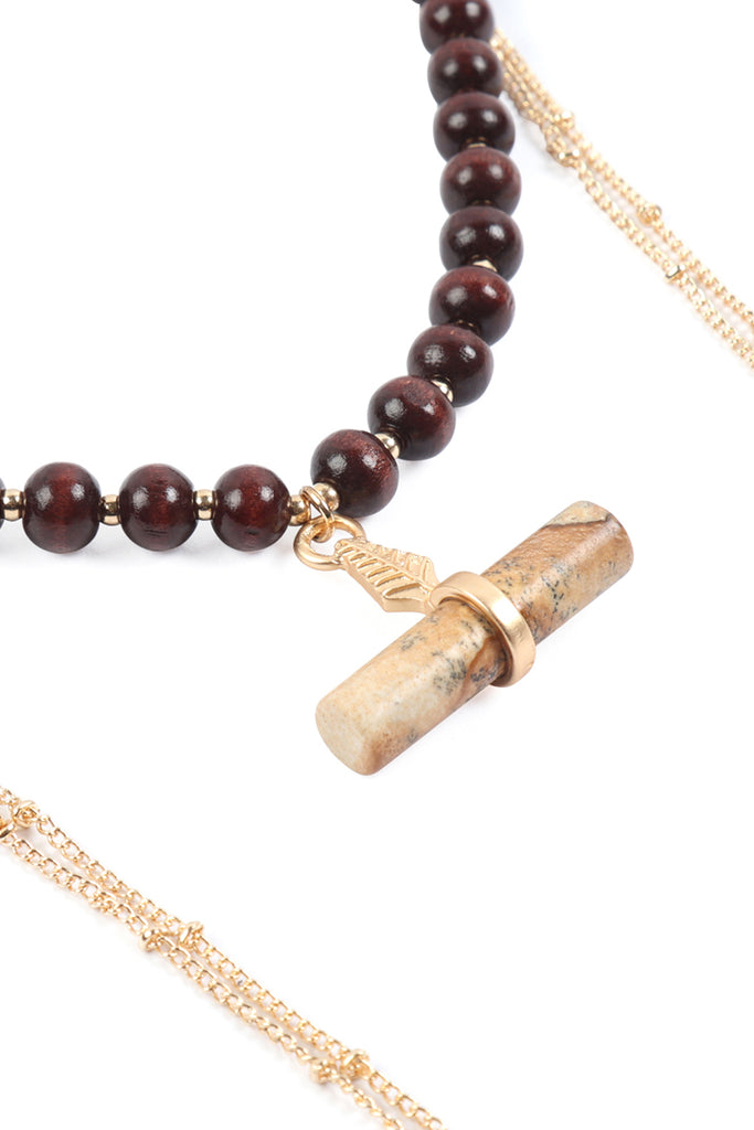 NATURAL STONE PENDANT WOODEN BEADS NECKLACE